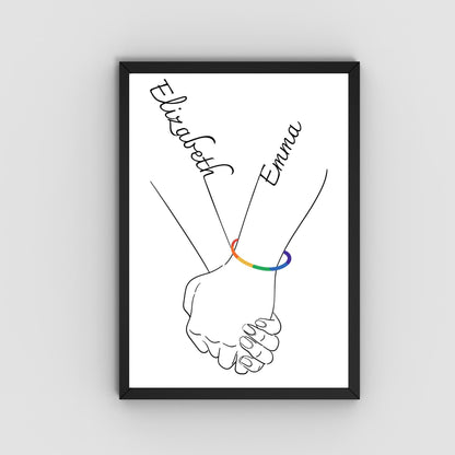 Personalised Name LGBTQ+ Wedding Gift, Holding Hands Custom Name Wall Art, A4 Poster Print with Couples Names, Anniversary Gift