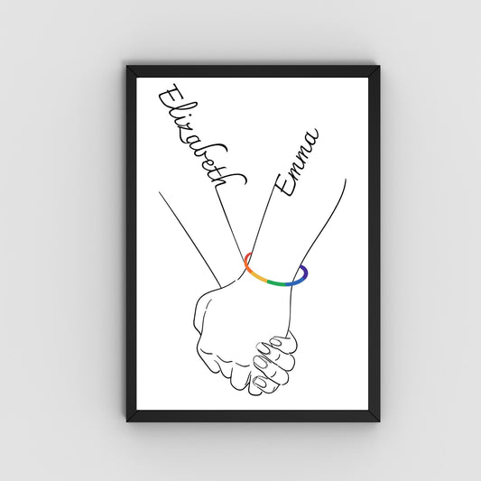 Personalised Name LGBTQ+ Wedding Gift, Holding Hands Custom Name Wall Art, A4 Poster Print with Couples Names, Anniversary Gift