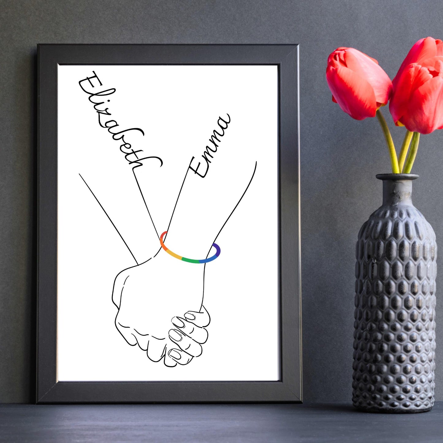 Personalised Name LGBTQ+ Wedding Gift, Holding Hands Custom Name Wall Art, A4 Poster Print with Couples Names, Anniversary Gift