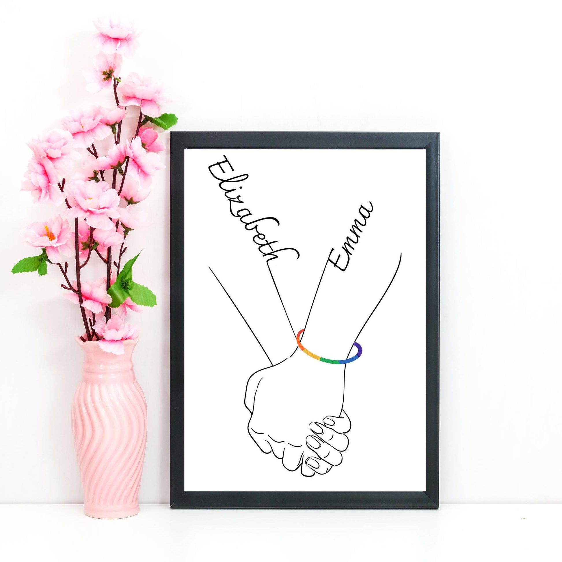 Personalised Name LGBTQ+ Wedding Gift, Holding Hands Custom Name Wall Art, A4 Poster Print with Couples Names, Anniversary Gift