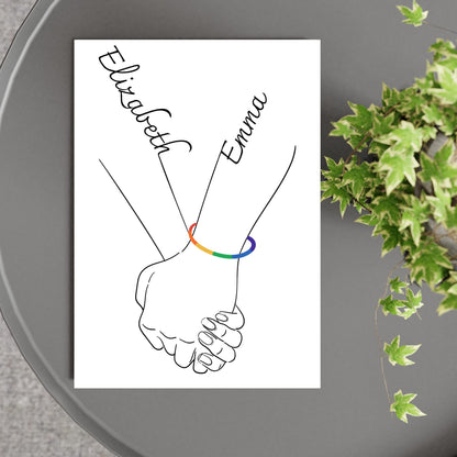 Personalised Name LGBTQ+ Wedding Gift, Holding Hands Custom Name Wall Art, A4 Poster Print with Couples Names, Anniversary Gift