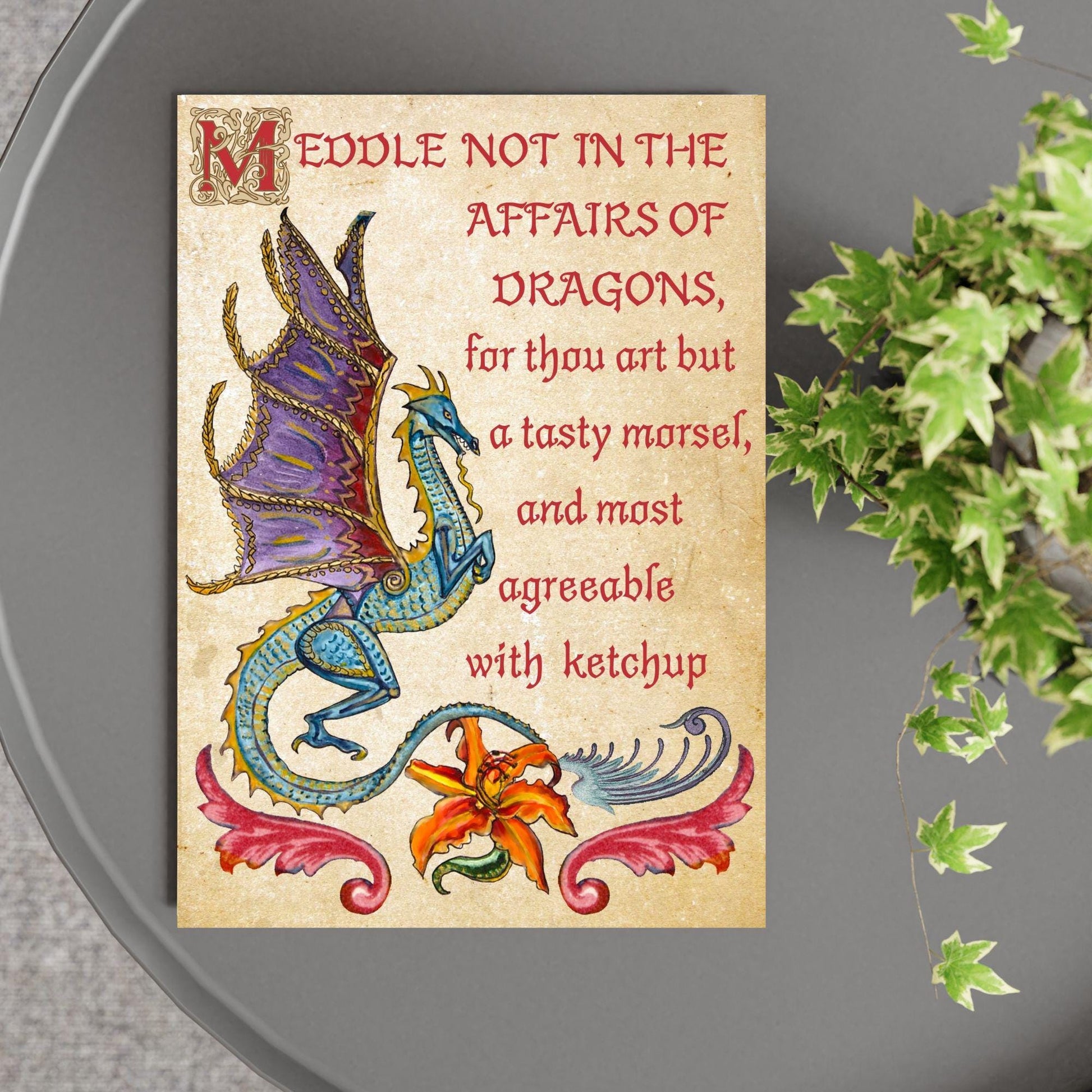 Medieval Dragon Warning A4 Print, Baroque Poster, Quirky Art, Gothic Home Decor, Dungeons and Dragons