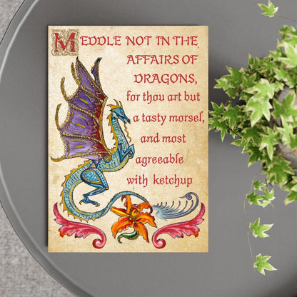 Medieval Dragon Warning A4 Print, Baroque Poster, Quirky Art, Gothic Home Decor, Dungeons and Dragons