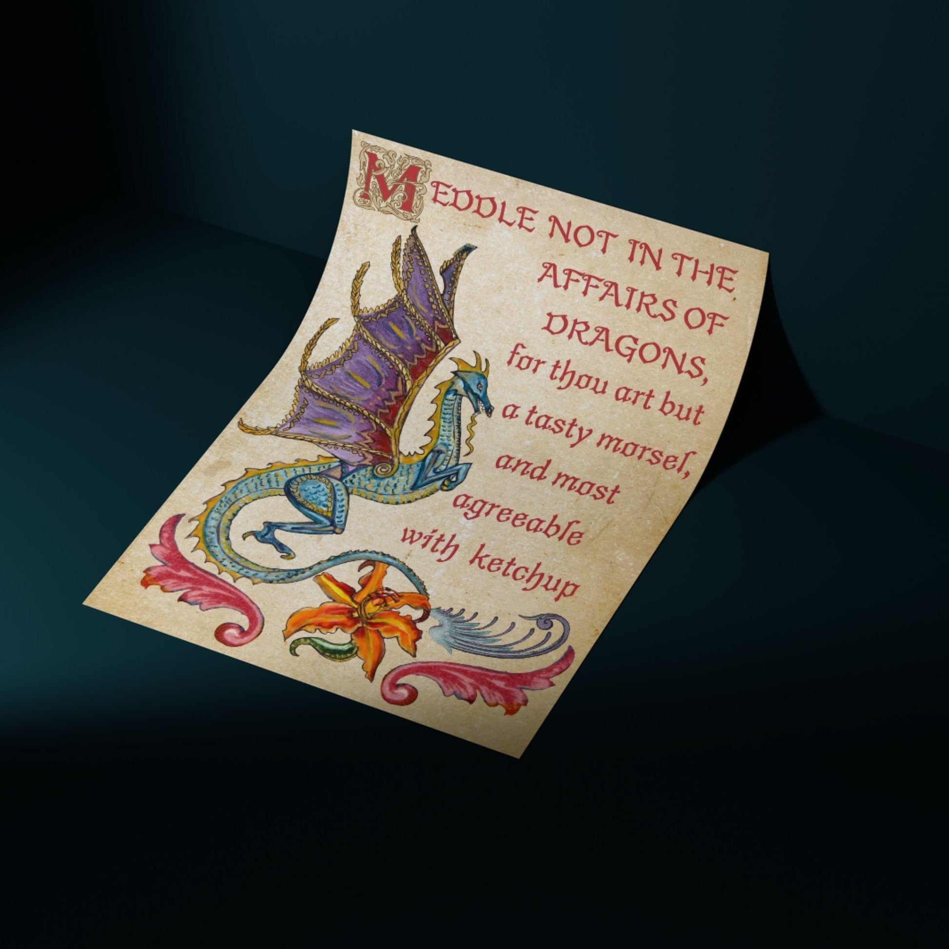 Medieval Dragon Warning A4 Print, Baroque Poster, Quirky Art, Gothic Home Decor, Dungeons and Dragons