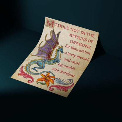 Medieval Dragon Warning A4 Print, Baroque Poster, Quirky Art, Gothic Home Decor, Dungeons and Dragons