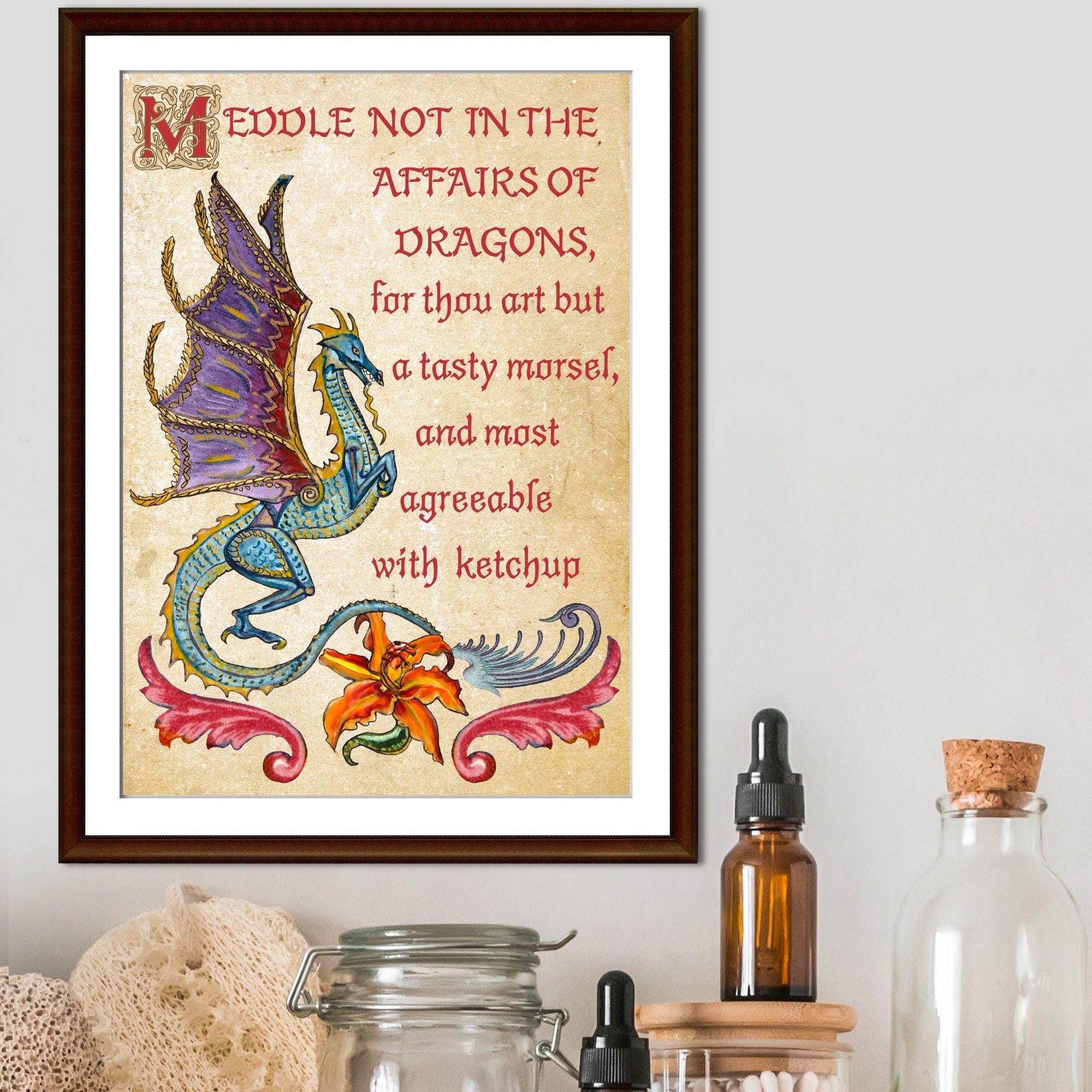 Medieval Dragon Warning A4 Print, Baroque Poster, Quirky Art, Gothic Home Decor, Dungeons and Dragons