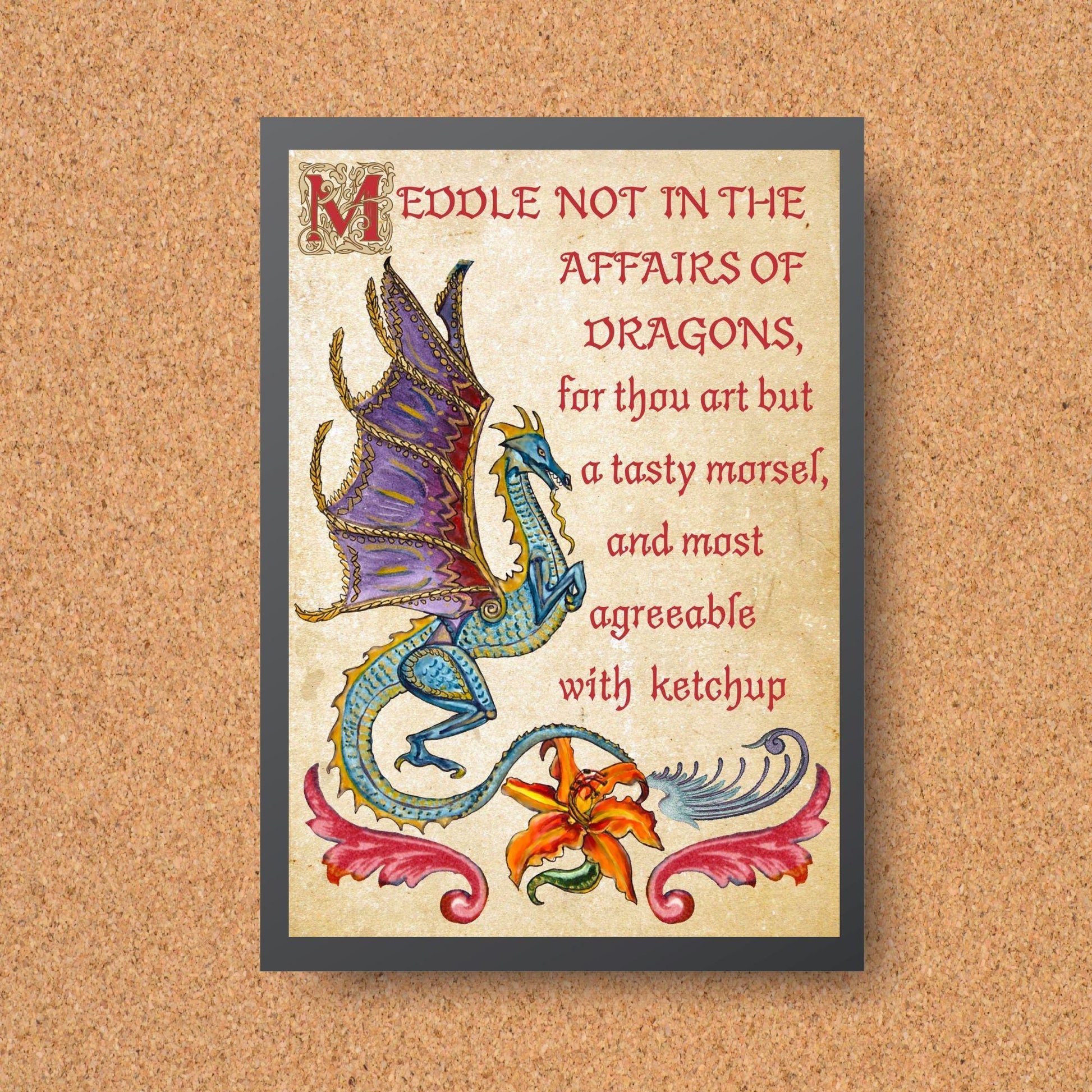 Medieval Dragon Warning A4 Print, Baroque Poster, Quirky Art, Gothic Home Decor, Dungeons and Dragons