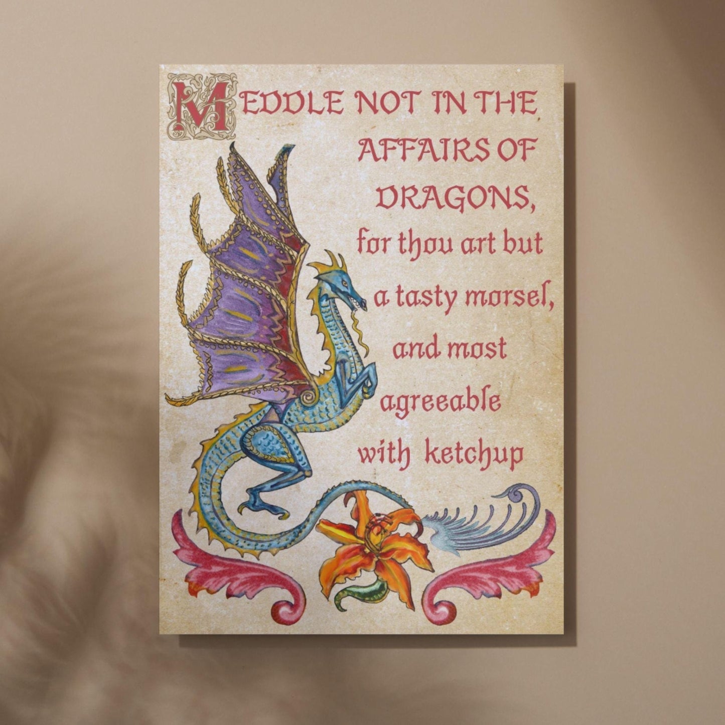 Medieval Dragon Warning A4 Print, Baroque Poster, Quirky Art, Gothic Home Decor, Dungeons and Dragons