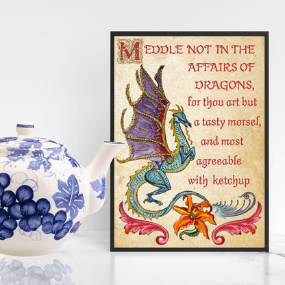 Medieval Dragon Warning A4 Print, Baroque Poster, Quirky Art, Gothic Home Decor, Dungeons and Dragons