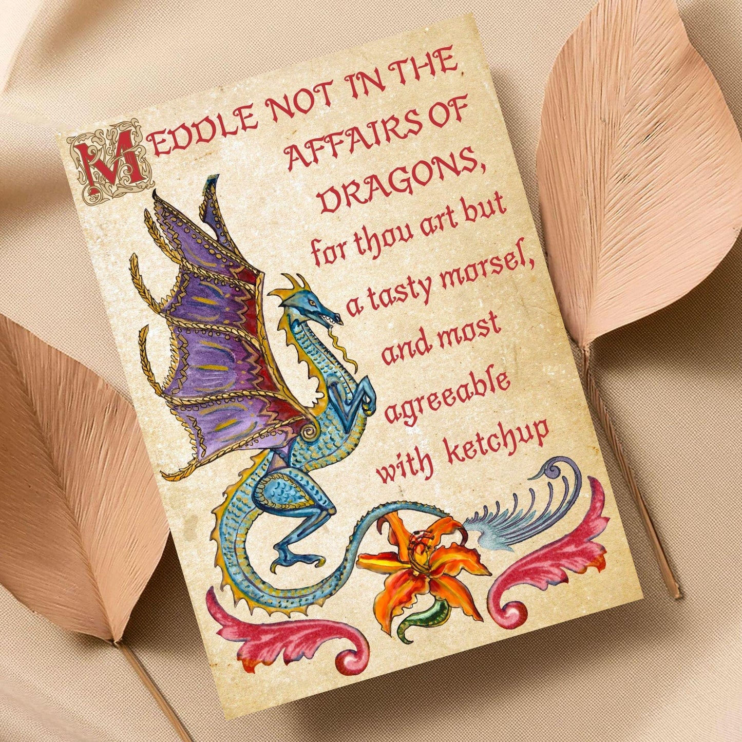 Medieval Dragon Warning A4 Print, Baroque Poster, Quirky Art, Gothic Home Decor, Dungeons and Dragons