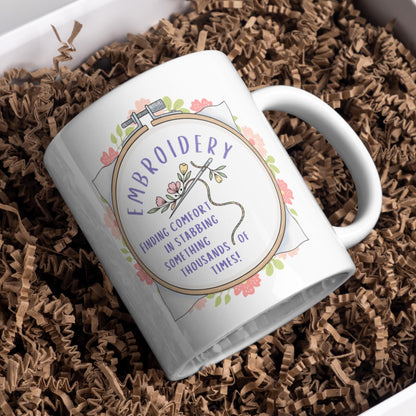 Funny Embroidery Mug, Ceramic Coffee Cup, Cross Stitch Mug, Multi Colour Options