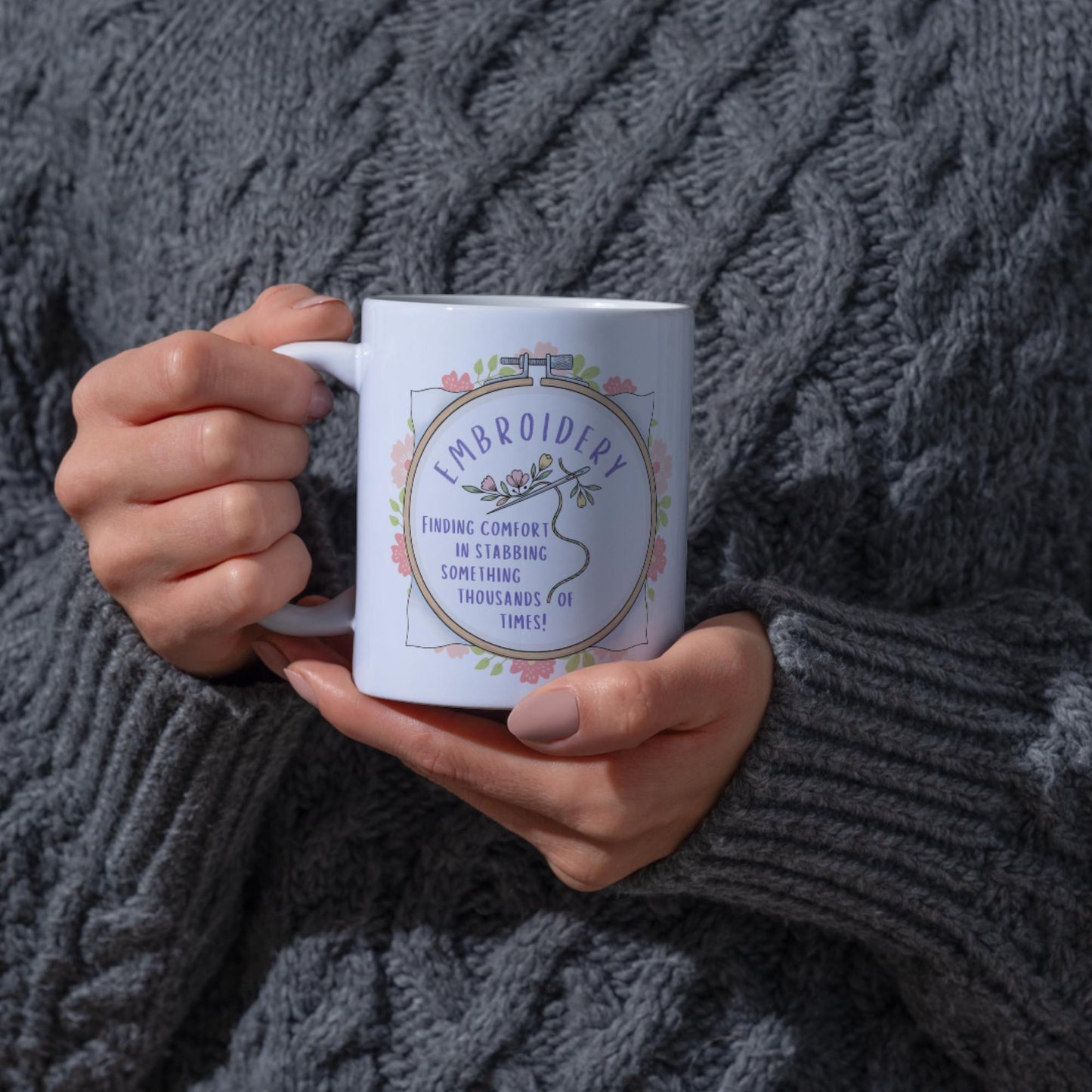 Funny Embroidery Mug, Ceramic Coffee Cup, Cross Stitch Mug, Multi Colour Options