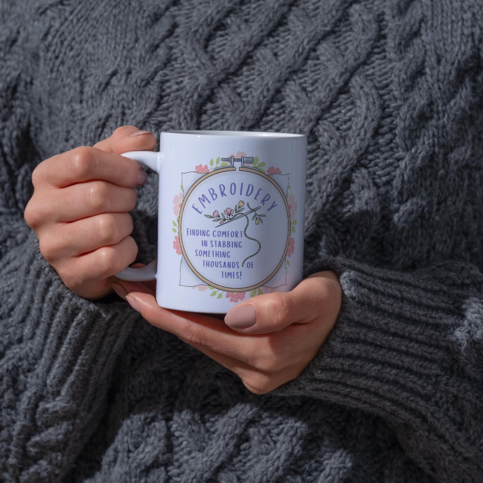Funny Embroidery Mug, Ceramic Coffee Cup, Cross Stitch Mug, Multi Colour Options