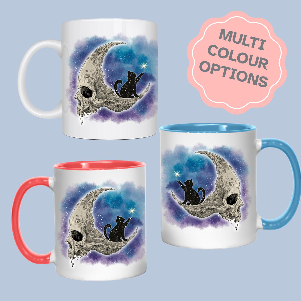 Gothic Mug, Cat, Celestial, Skull Moon, Goth Gift, Halloween Mug - Multi Colour Options
