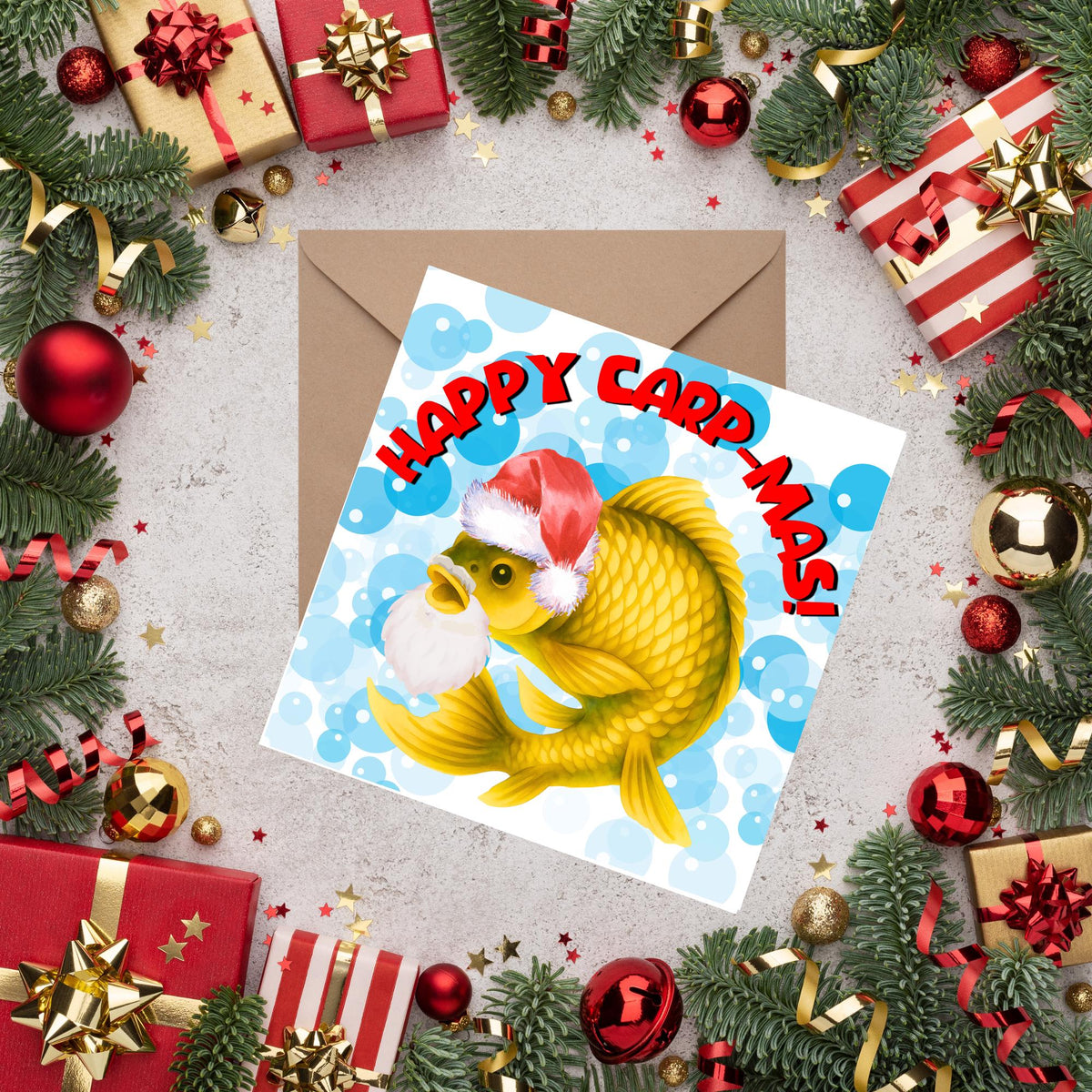 Fishing Christmas card, Carp Xmas Card, Cards for Fish Lovers, Funny Christmas Card for Dad, Pun Card