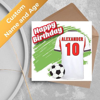 Personalised Football Shirt Birthday Card, Name and Age, England Football Team Shirt, Birthday Card for Child