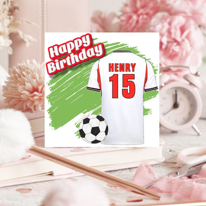 Personalised Football Shirt Birthday Card, Name and Age, England Football Team Shirt, Birthday Card for Child