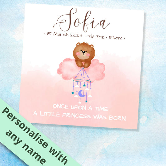 Personalised New Baby Bear Card for a girl