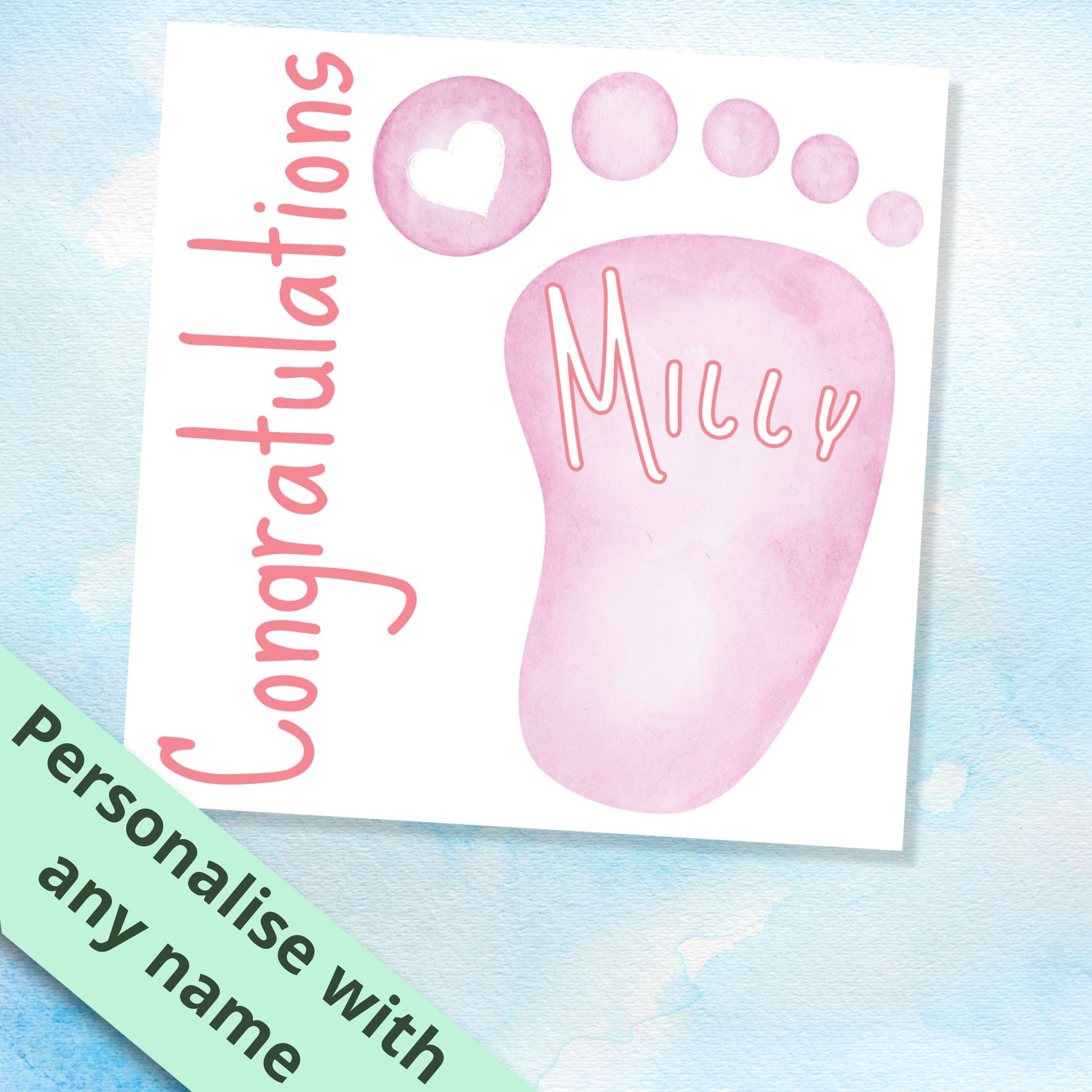 card with pink baby footprint and name